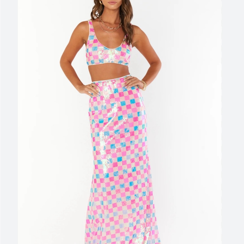 Show Me Your MuMu Pink & Blue Sequin Checkerboard Maxi Skirt